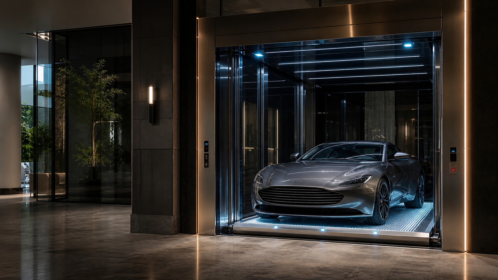 Luxury car positioned inside a modern vertical car elevator