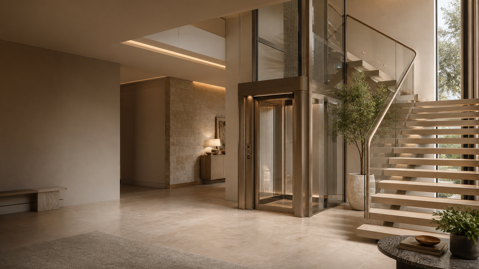 Compact luxury home elevator beside an elegant staircase in a modern villa