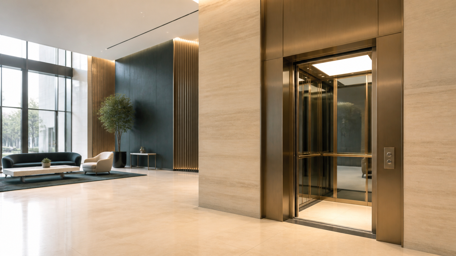 Premium passenger elevator in a luxury commercial building lobby